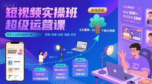 短视频实操班超级运营课，新手小白到短视频大神必修课程，剪辑-拍摄-运营-直播-变现小白网创_互联网创业项目_网络创业小白网创