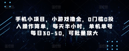 手机小项目，小游戏撸金，0门槛0投入操作简单，每天半小时，单机单号每日30-50，可批量放大小白网创_互联网创业项目_网络创业小白网创