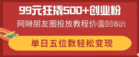 99元狂撬500+创业粉，单日五位数轻松变现，网创朋友圈投放教程小白网创_互联网创业项目_网络创业小白网创