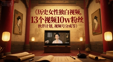 历史女性独白视频，13个视频10w粉丝，伙伴计划，视频号分成等小白网创_互联网创业项目_网络创业小白网创