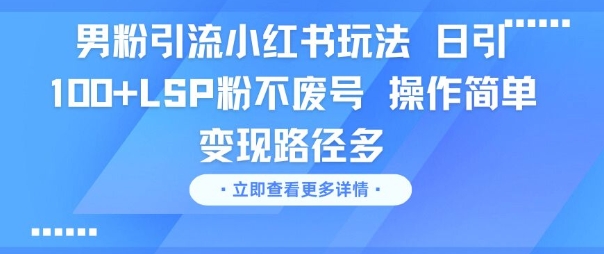 男粉引流小红书玩法，日引100+LSP粉不废号，操作简单，变现路径多小白网创_互联网创业项目_网络创业小白网创
