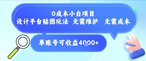 0成本小白项目，设计平台贴图玩法，无需维护，无需成本，单账号单月可产生收益4k+小白网创_互联网创业项目_网络创业小白网创