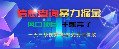 信息查询暴力掘金，一天三条视频，轻松变现四位数，风口项目干就完了【揭秘】小白网创_互联网创业项目_网络创业小白网创