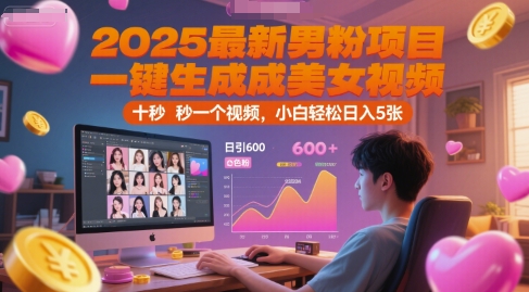 2025最新男粉项目，一键生成美女视频，日引600+色粉 十秒一个视频，小白轻松日入5张【揭秘】小白网创_互联网创业项目_网络创业小白网创