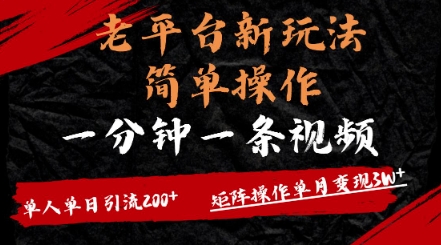老平台，新玩法，简单操作，一分钟一条视频，单人单人引流200+矩阵操作，单月变现过w小白网创_互联网创业项目_网络创业小白网创
