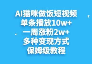 AI猫咪做饭短视频，单条播放10w+，一周涨分2w+，多种变现方式，保姆级教程小白网创_互联网创业项目_网络创业小白网创