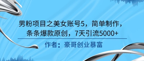 男粉项目之美女账号5，简单制作，条条爆款原创，7天引流5000+小白网创_互联网创业项目_网络创业小白网创