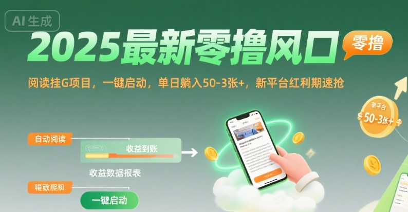 2025最新零撸风口，阅读挂G项目，一键启动，单日躺入 50-3张+，新平台红利期速抢【揭秘】小白网创_互联网创业项目_网络创业小白网创
