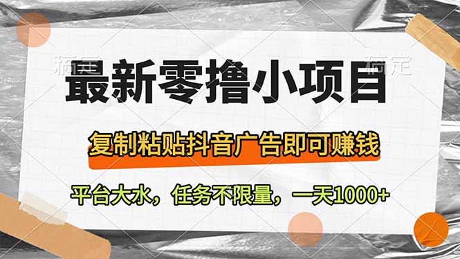 （14230期）最新零撸小项目，复制粘贴抖音广告即可赚钱，平台大水，任务不限量，一…小白网创_互联网创业项目_网络创业小白网创