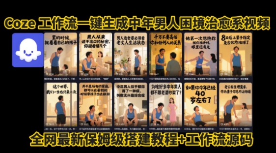 coze工作流一键生成”中年男人困境扎心高涨粉高播放量图文视频”保姆级拆解教程，无需剪辑，无需拍摄写文案小白网创_互联网创业项目_网络创业小白网创