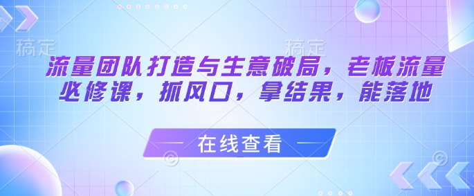 流量团队打造与生意破局，老板流量必修课，抓风口，拿结果，能落地小白网创_互联网创业项目_网络创业小白网创
