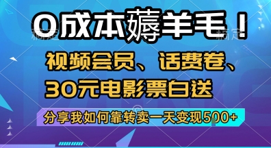 0成本薅羊毛!视频会员、话费卷、30元电影票白送，分享我如何靠转卖一天变现5张+【揭秘】小白网创_互联网创业项目_网络创业小白网创