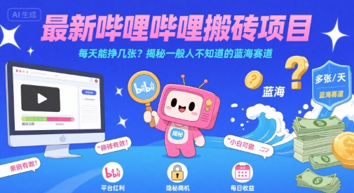 最新哔哩哔哩上B站搬砖项目，每天能挣几张？揭秘一般人不知道的蓝海赛道小白网创_互联网创业项目_网络创业小白网创