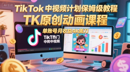 TikTok中视频计划保姆级教程，TK原创动画课程，单账号月收益4k美刀小白网创_互联网创业项目_网络创业小白网创