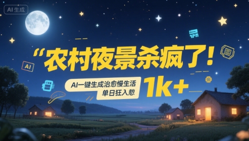 农村夜景杀疯了！AI一键生成治愈系慢生活，单日狂入1k+小白网创_互联网创业项目_网络创业小白网创