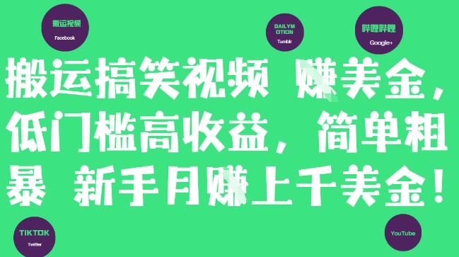 搬运搞笑视频挣美金，低门槛高收益，简单粗暴新手月入上千美刀小白网创_互联网创业项目_网络创业小白网创