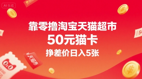 靠零撸淘宝天猫超市50元猫卡，挣差价日入5张小白网创_互联网创业项目_网络创业小白网创