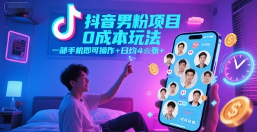 抖音男粉项目0成本玩法，一部手机即可操作，日均4张+，时间自由小白网创_互联网创业项目_网络创业小白网创