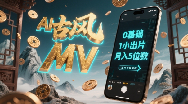 AI一键生成古风音乐MV，0剪辑基础1小时出片，多种变现渠道，一部手机月入5位数小白网创_互联网创业项目_网络创业小白网创