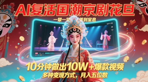 AI复活国潮京剧花旦，一颦一笑美到窒息，10分钟做出10W+爆款视频，多种变现方式，月入五位数小白网创_互联网创业项目_网络创业小白网创
