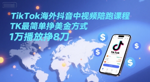 TikTok海外抖音中视频陪跑课程，TK最简单挣美金方式，1万播放挣8刀小白网创_互联网创业项目_网络创业小白网创