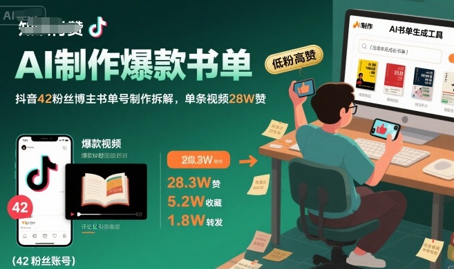 AI制作爆款书单，抖音42粉丝博主书单号制作拆解，单条视频28W赞小白网创_互联网创业项目_网络创业小白网创